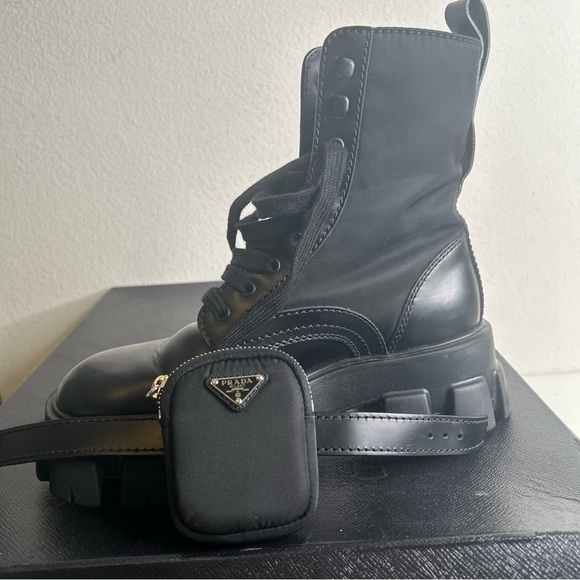 Prada Black Monolith Leather and Re-Nylon Pouch Combat Boots Size 6 - Picture 3 of 16